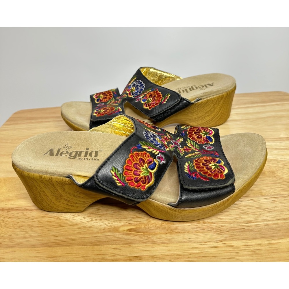 Alegria‎ Linn Black Needles and Pins Sandals Slides 39 (US 9) Leather Floral